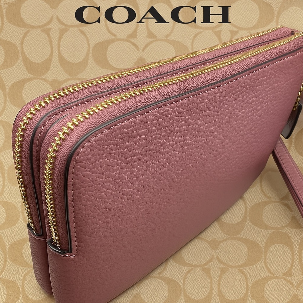 COACH Pebbled Leather Double Zip Wristlet F87587 | Pink Mauve | EUC | MSRP $178 - Picture 3 of 10
